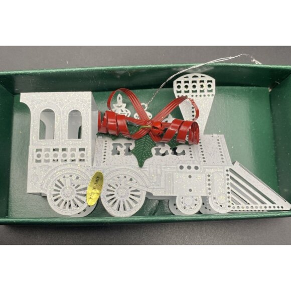 Unbranded Other - Vintage 1989 White Glitter Train Ornament Box Unbranded Metal Locomotive in Box